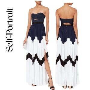 Self-Portrait Navy and White Strapless  Pleated Bandeau Crepe Dress Sz US10 NWOT